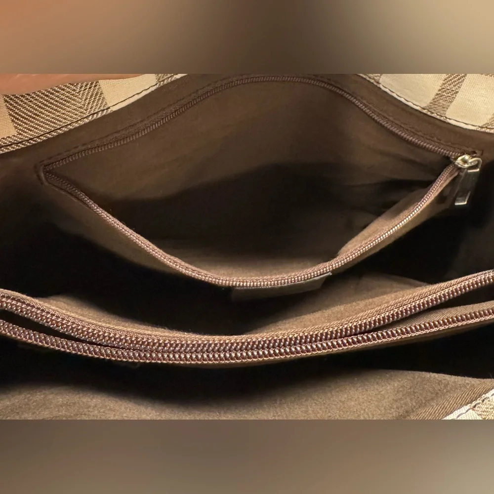 Bally Brown & Cream Logo Canvas Tote Bag w/ Leather Trim + Zip Pouch - Picture 12 of 15